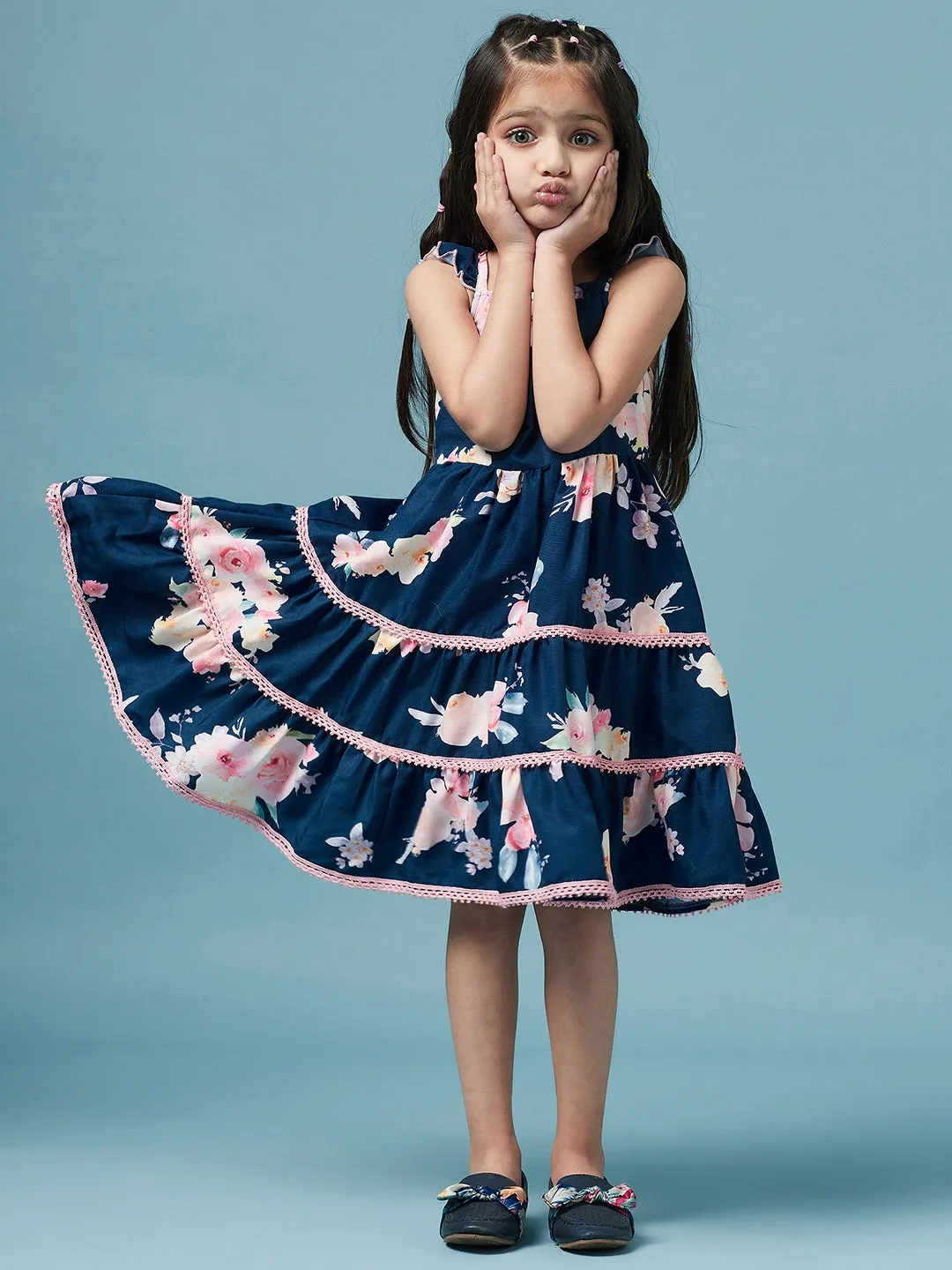 Girls Tiered Floral Printed Fit Flare Dress - Ps Peaches