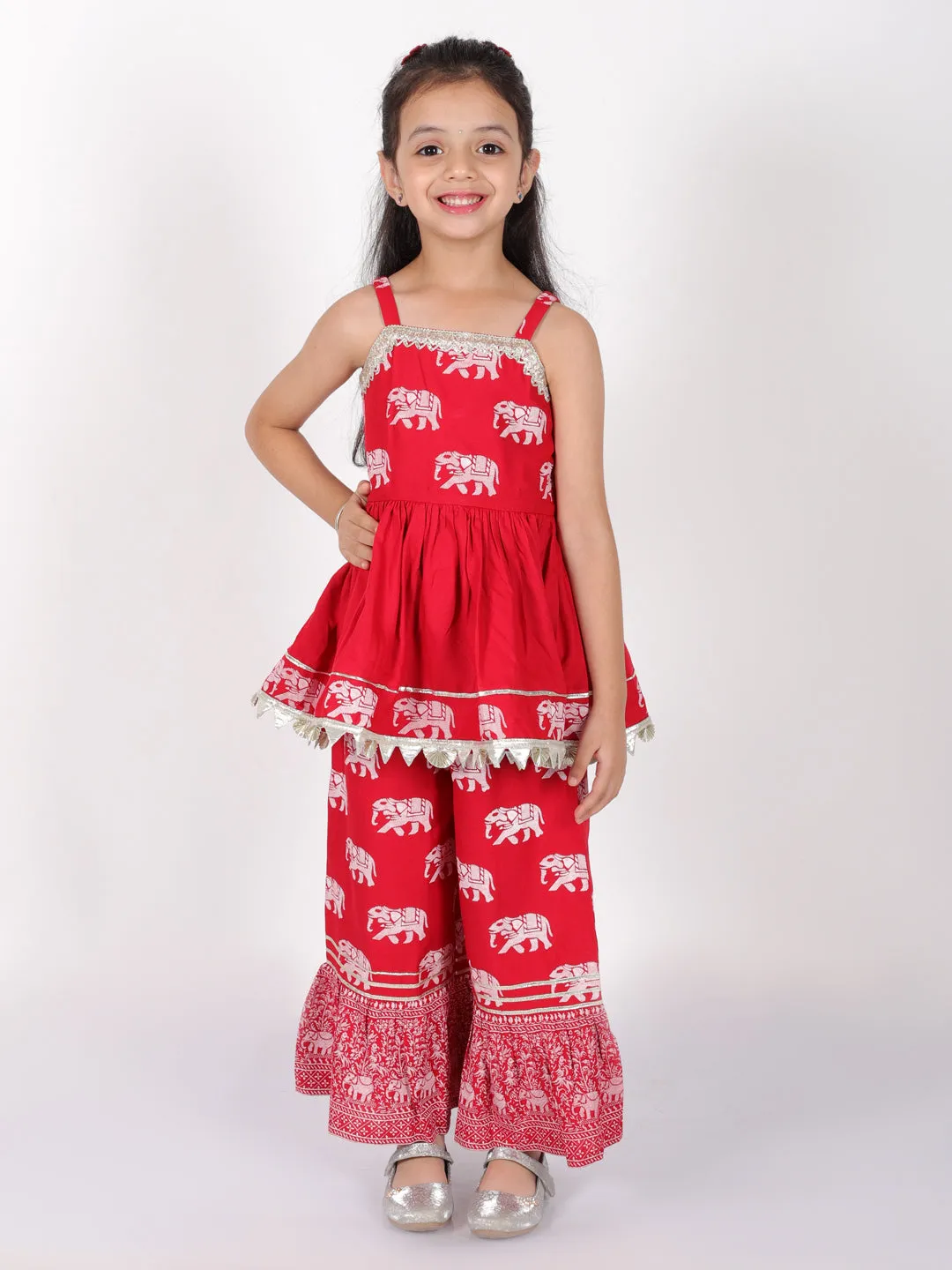 Girls Trunk Tales Girls Red Kurta With Sharara Set - Lil Drama