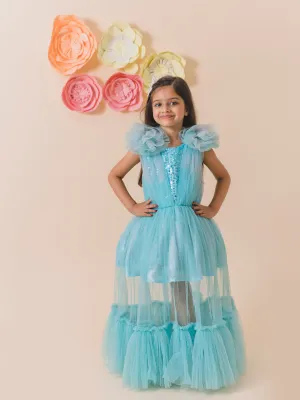 Girls Turquoise Blue Net Party Maxi Dress