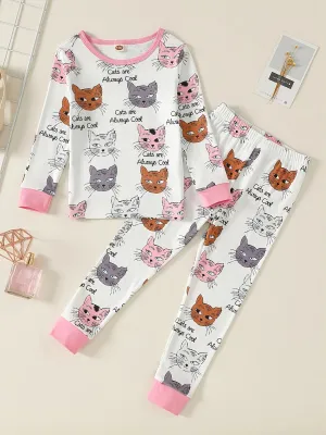 Girls' Two Piece Spring and Autumn Cute Cat Head Full Print Color Contrast Long Sleeve Pants Tight Sleepwear Home Suit Set