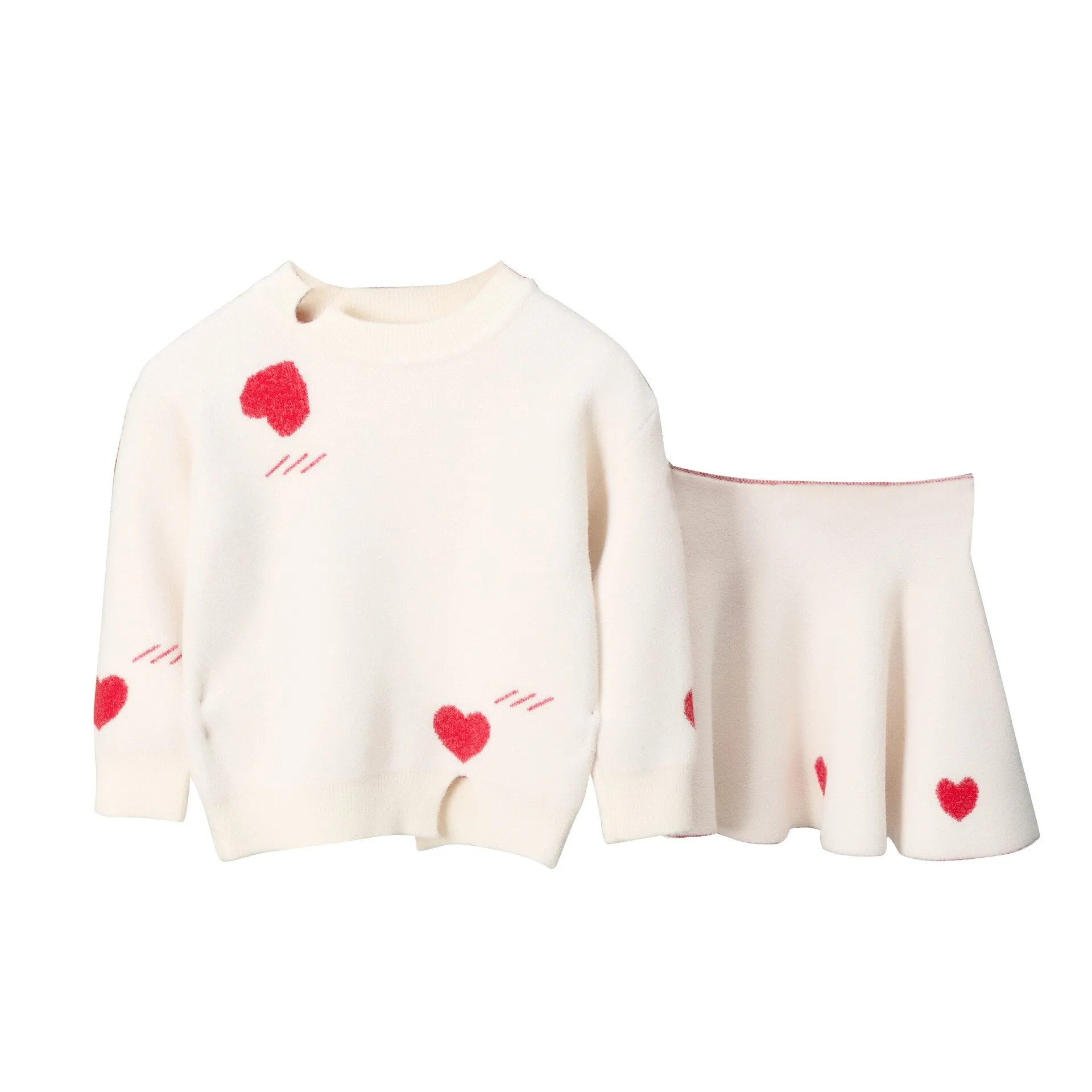 Girls Two Piece Woollen Long Sleeve Love Sweater Skirt Suit