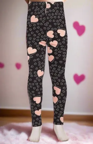 Girls Valentines Day Heart Leggings, Kids Yoga Pants, Sizes S/L, No-Roll Waist, Pink