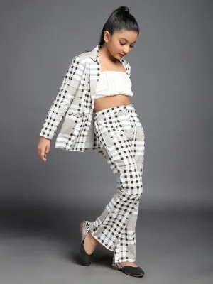 Girl's White & Black Checks Printed Blazer & Top With Pant Set - Aks Girls