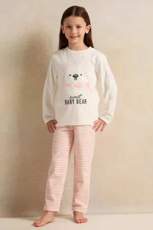 Girls White And Baby Bear Pyjama Set (2 Piece)