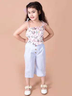 Girls White And Blue Printed Co-Ords