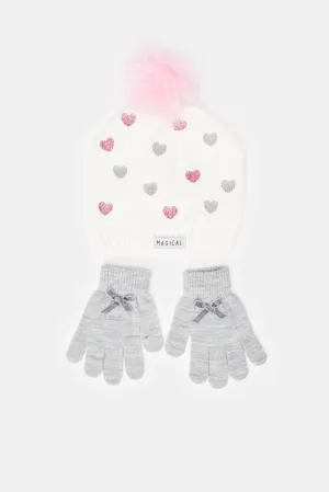 Girls White And Grey Hearts Print Cap And Gloves (Pack of 2)