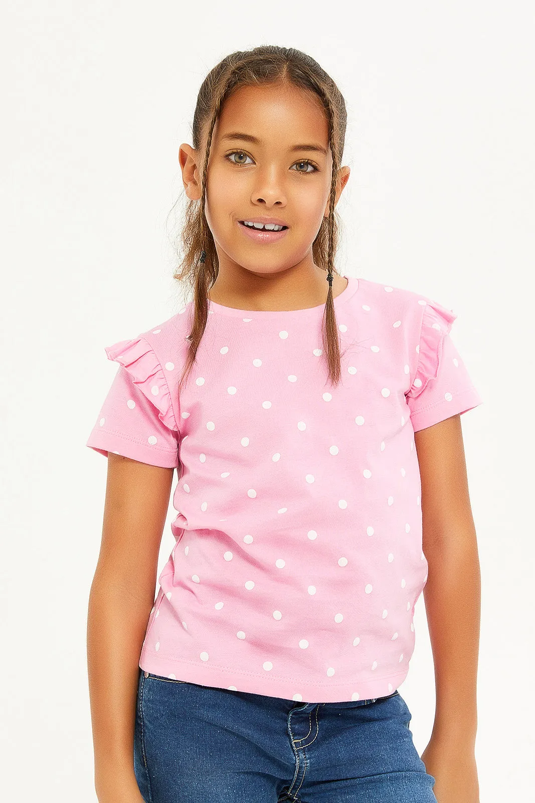 Girls White And Pink Frilled Sleeve T-Shirts Set (Pack Of 2)