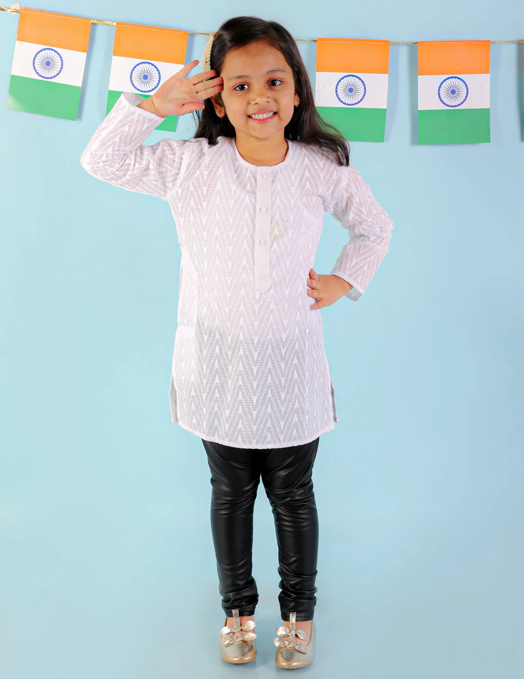 Girl's White Color Chikan Work Round Neck Girls Kurti Only - KID1 Girls