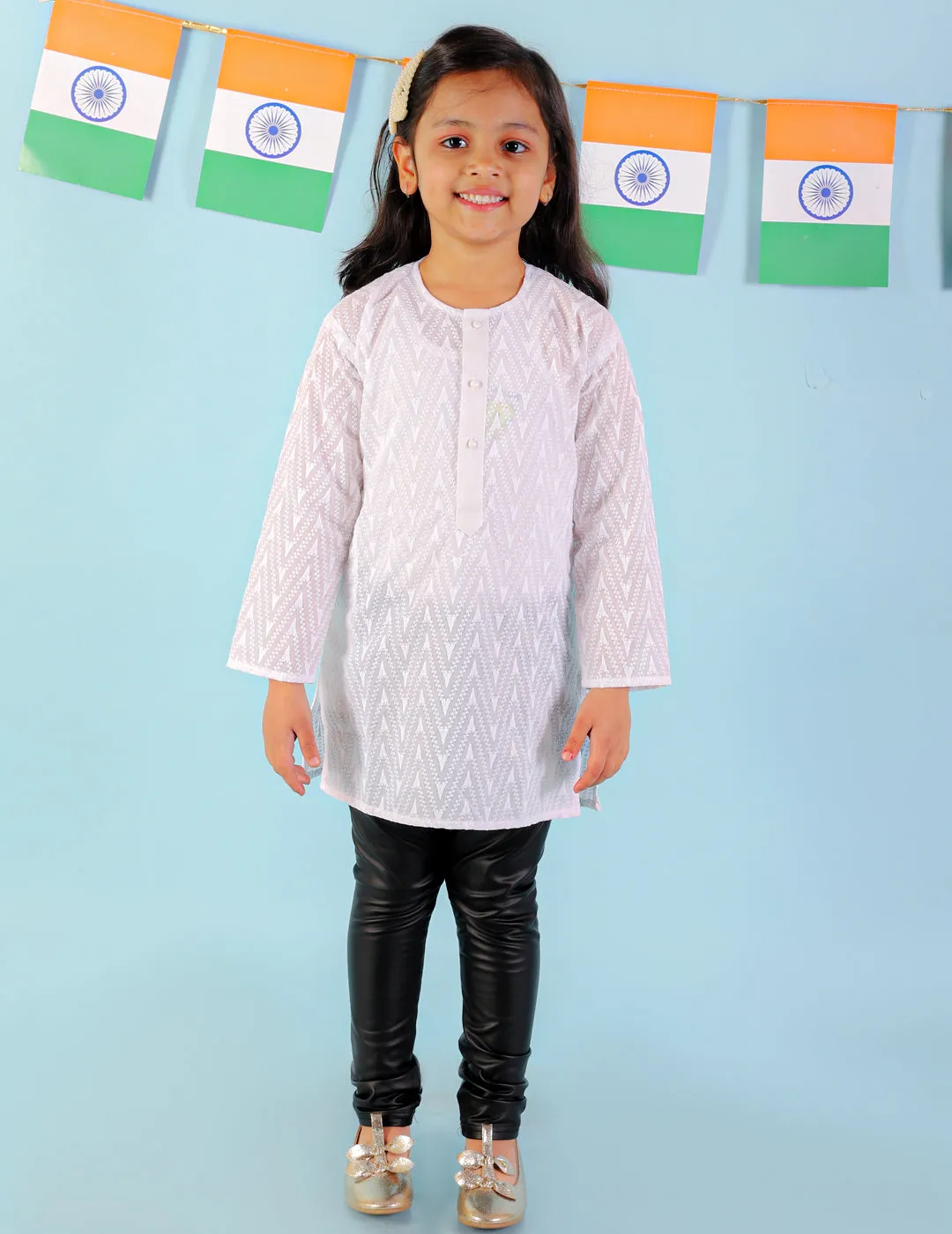 Girl's White Color Chikan Work Round Neck Girls Kurti Only - KID1 Girls