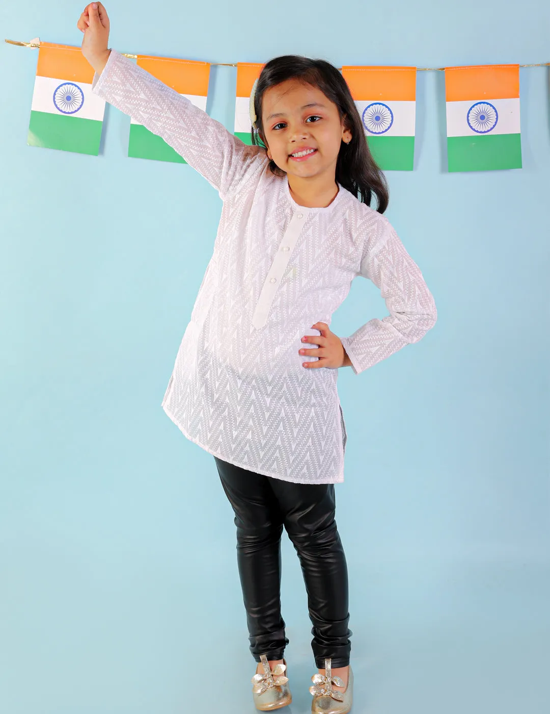 Girl's White Color Chikan Work Round Neck Girls Kurti Only - KID1 Girls