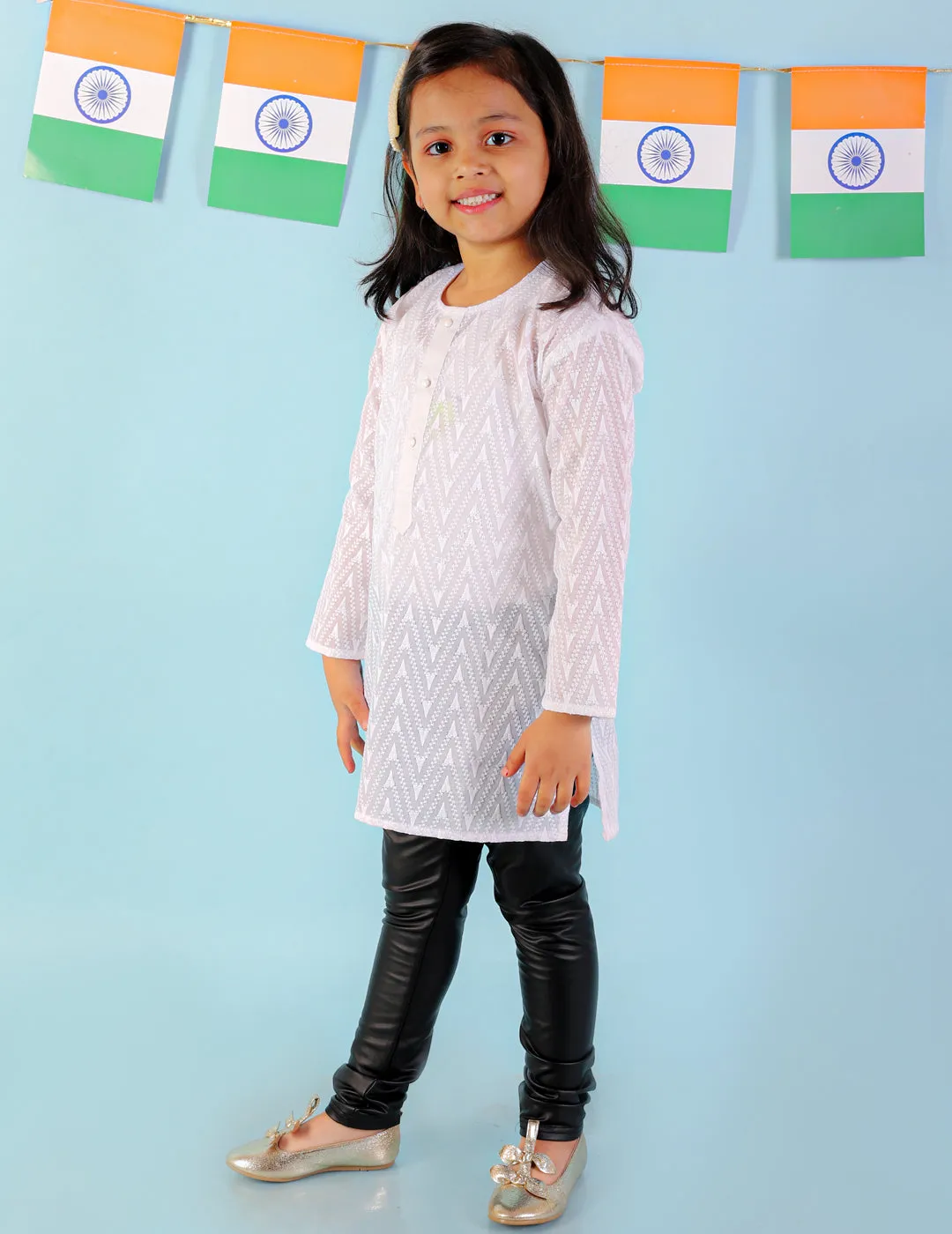 Girl's White Color Chikan Work Round Neck Girls Kurti Only - KID1 Girls