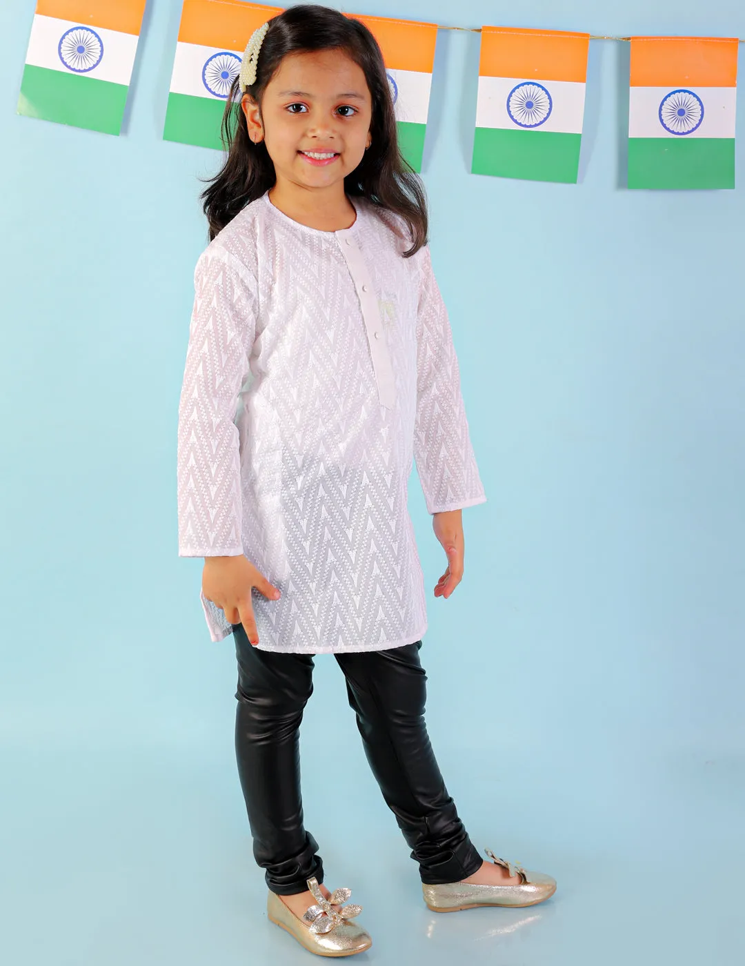 Girl's White Color Chikan Work Round Neck Girls Kurti Only - KID1 Girls