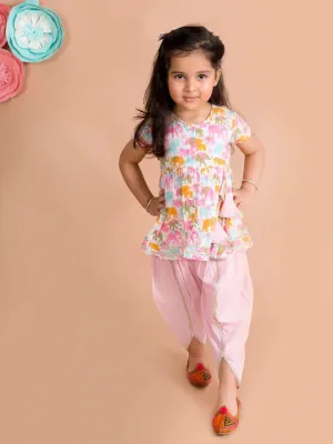 Girls White Ethnic Motifs Printed Pleated Gotta Patti Pure Cotton Kurti With Dhoti Pants - Ps Peaches