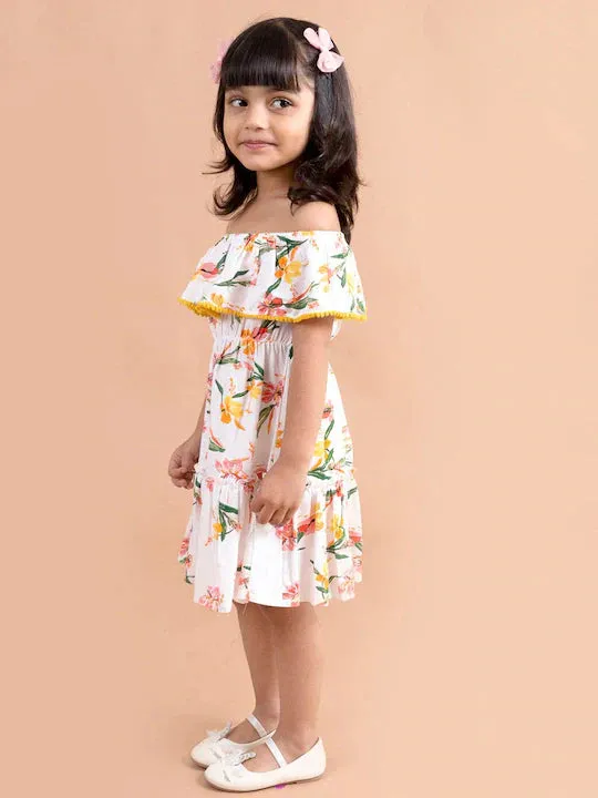 Girls White Floral Off-Shoulder A-Line Dress - Ps Peaches