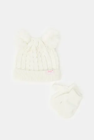 Girls White Knitted Cap With Gloves Set (2 Piece)