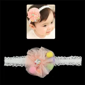 Girls White Lace Stretch  Headband with Mesh Flower and Colorful Beads