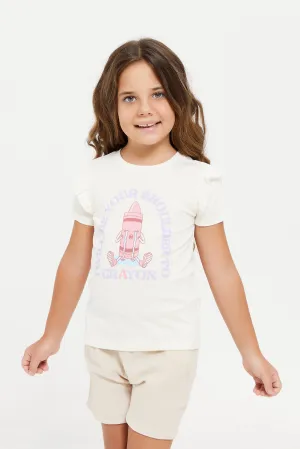 Girls White Printed Short Sleeve T-Shirt