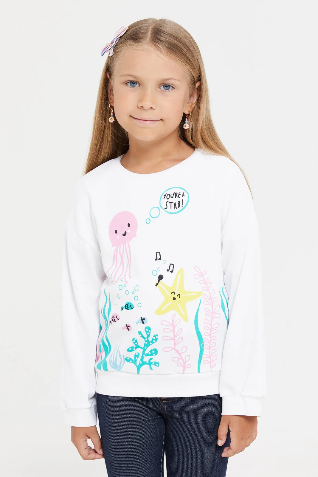 Girls White Printed Sweatshirt