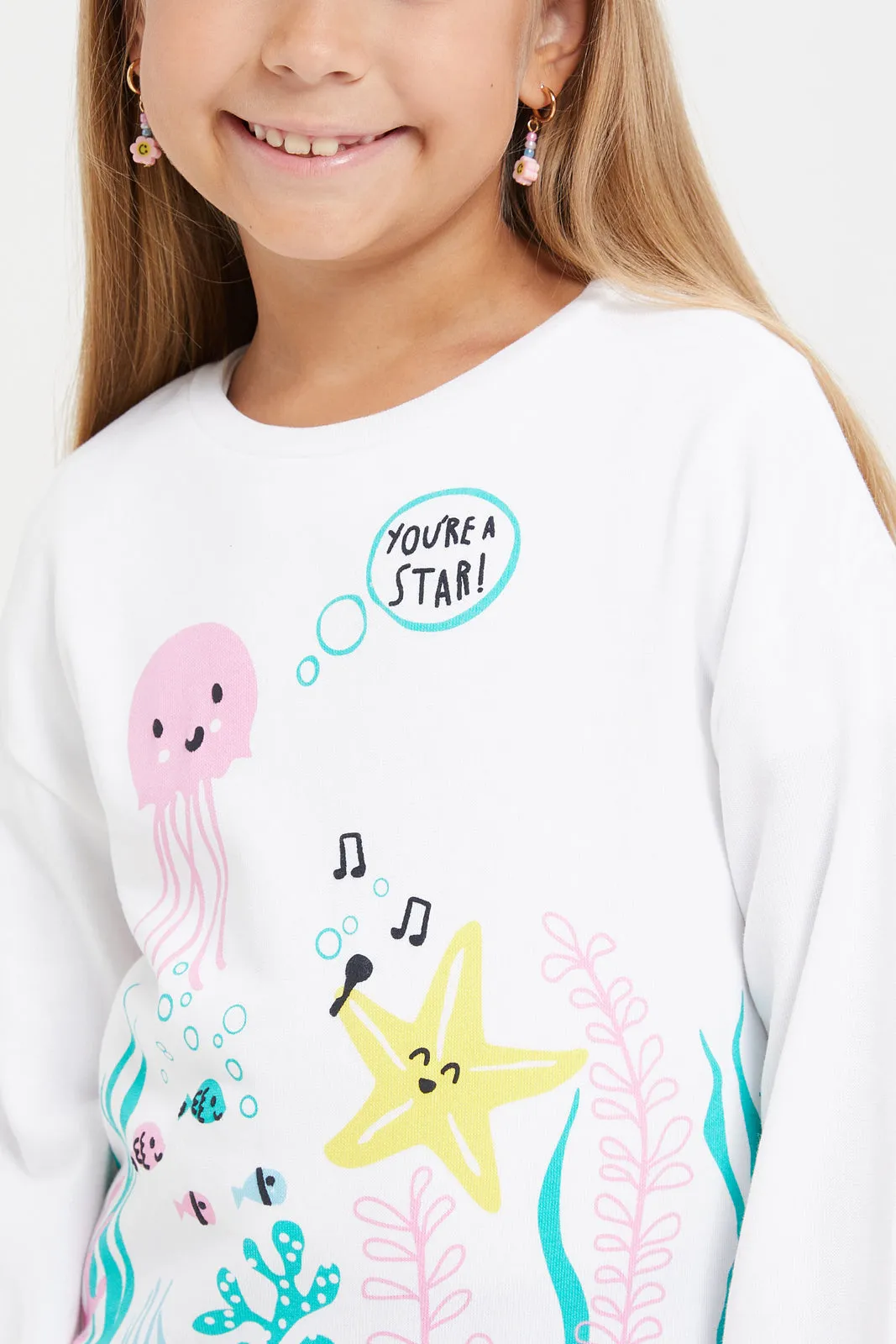 Girls White Printed Sweatshirt