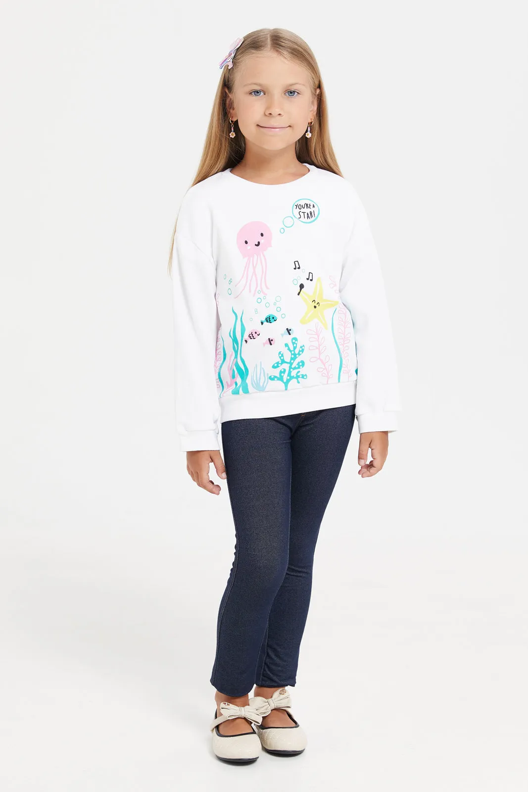 Girls White Printed Sweatshirt