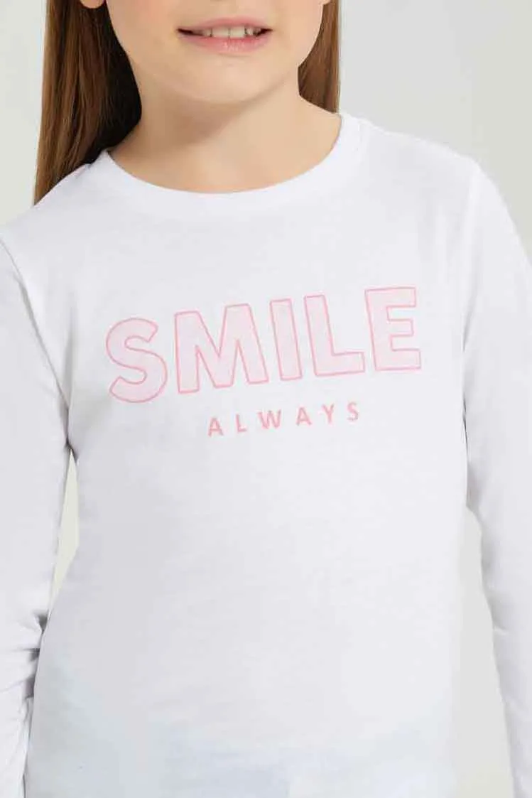 Girls White Smile Always Print T-Shirt