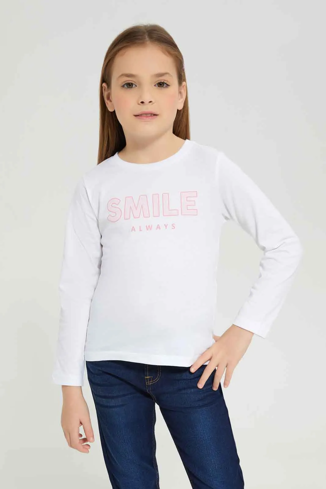 Girls White Smile Always Print T-Shirt