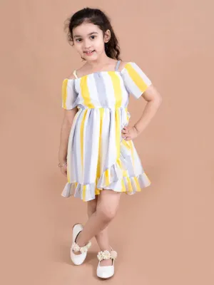 Girls White Yellow Striped Georgette Dress - Ps Peaches