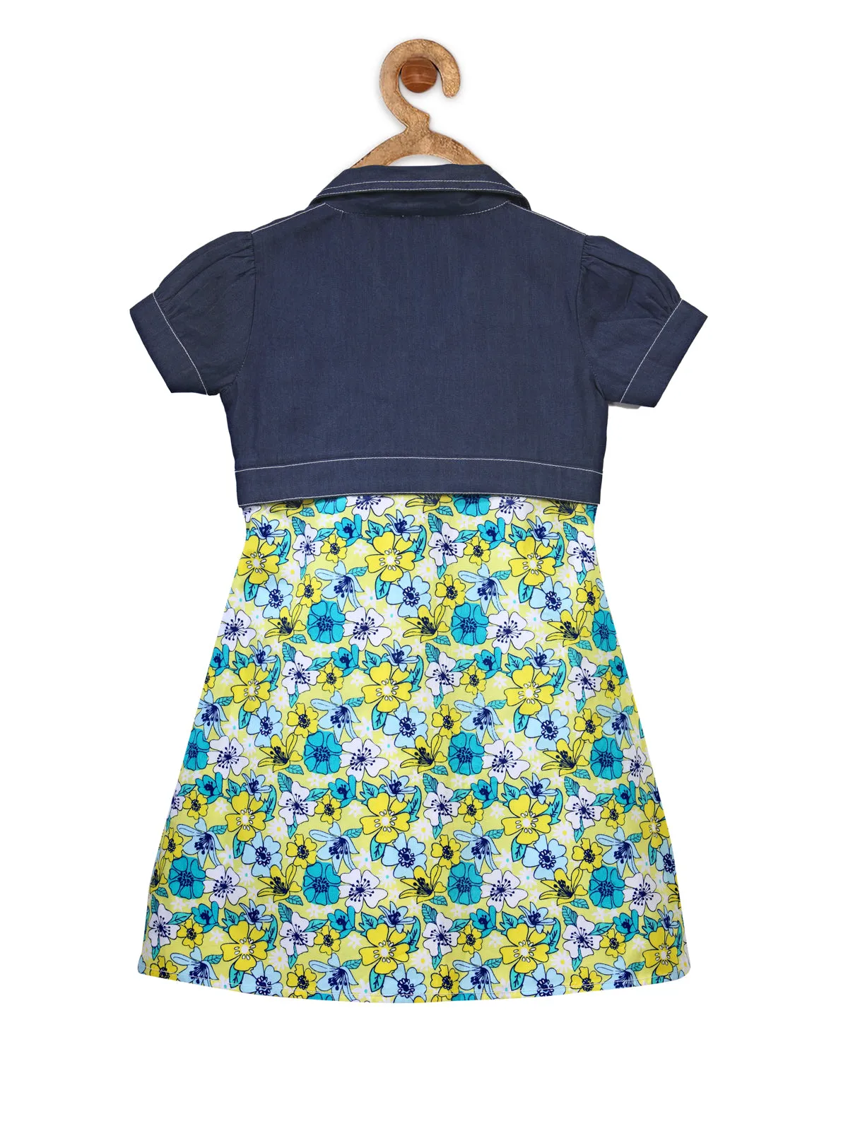 Girl's  Yellow And Blue Floral Dress With Attached Shrug - StyleStone Kid