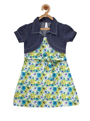 Girl's  Yellow And Blue Floral Dress With Attached Shrug - StyleStone Kid