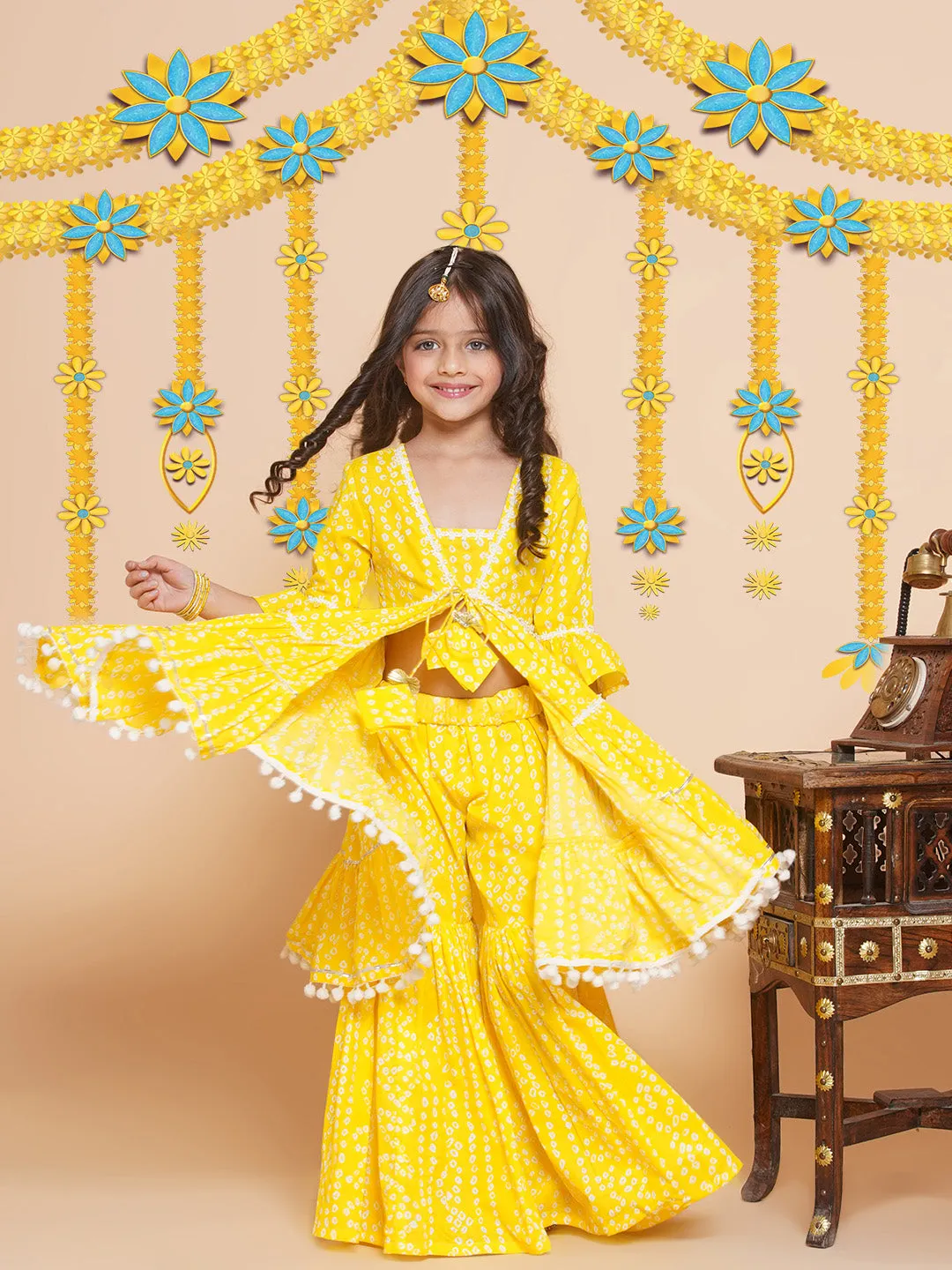 Girl's Yellow Bandhani Printed Empire Gotta Patti Kurta With Sharara - Bitiya By Bhama