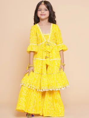 Girl's Yellow Bandhani Printed Empire Gotta Patti Kurta With Sharara - Bitiya By Bhama