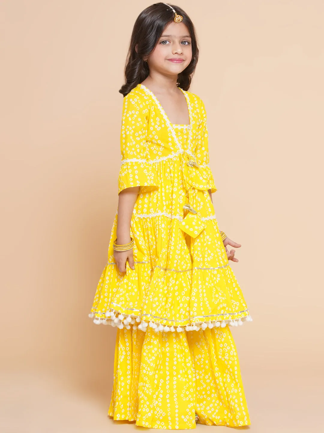 Girl's Yellow Bandhani Printed Empire Gotta Patti Kurta With Sharara - Bitiya By Bhama