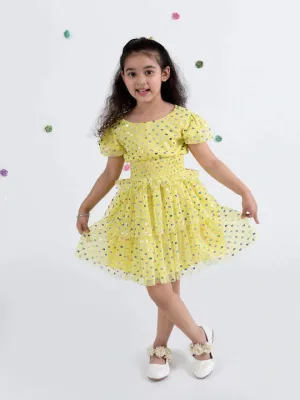 Girls Yellow Floral Net Dress - Ps Peaches