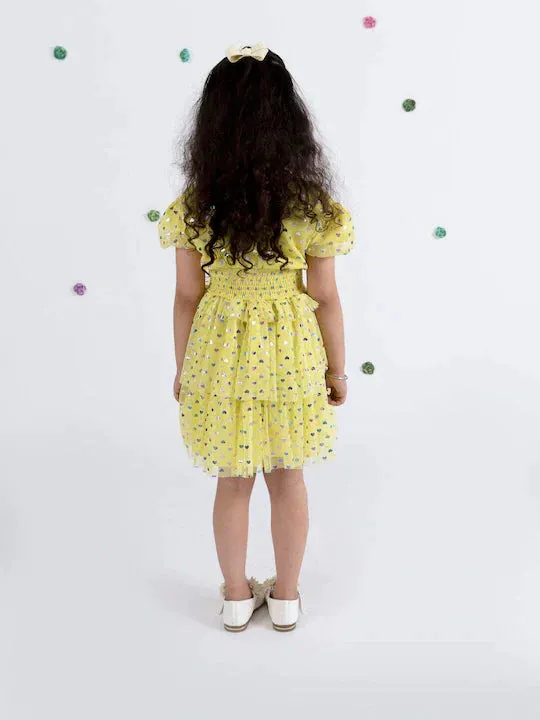 Girls Yellow Floral Net Dress - Ps Peaches