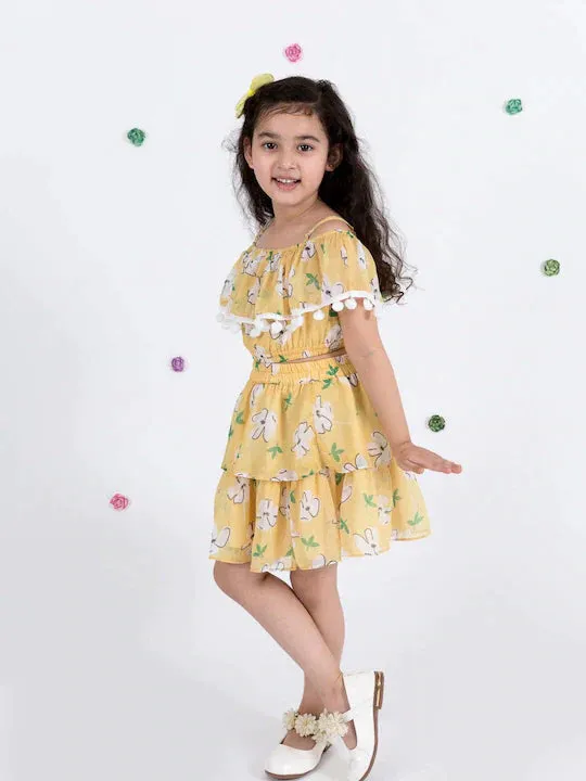 Girls Yellow Floral Print Off Shoulder Top Skirt Set - Ps Peaches