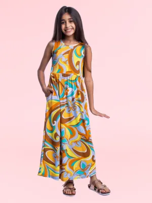 Girls Yellow Floral Print Sleeveless Maxi Dress