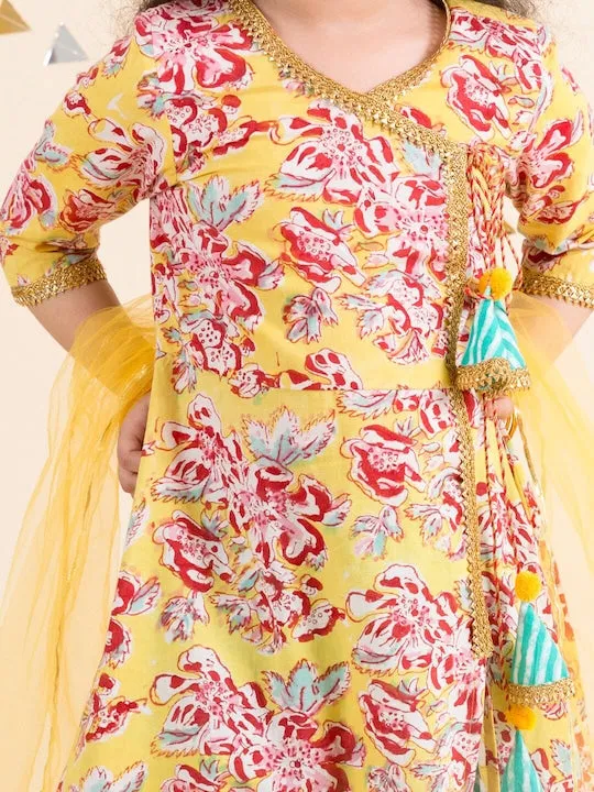 Girls Yellow Floral Printed Angrakha Pure Cotton Kurta With Trousers With Dupatta