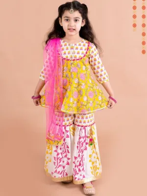 Girls Yellow Floral Printed Pure Cotton Kurti With Sharara With Dupatta - Ps Peaches