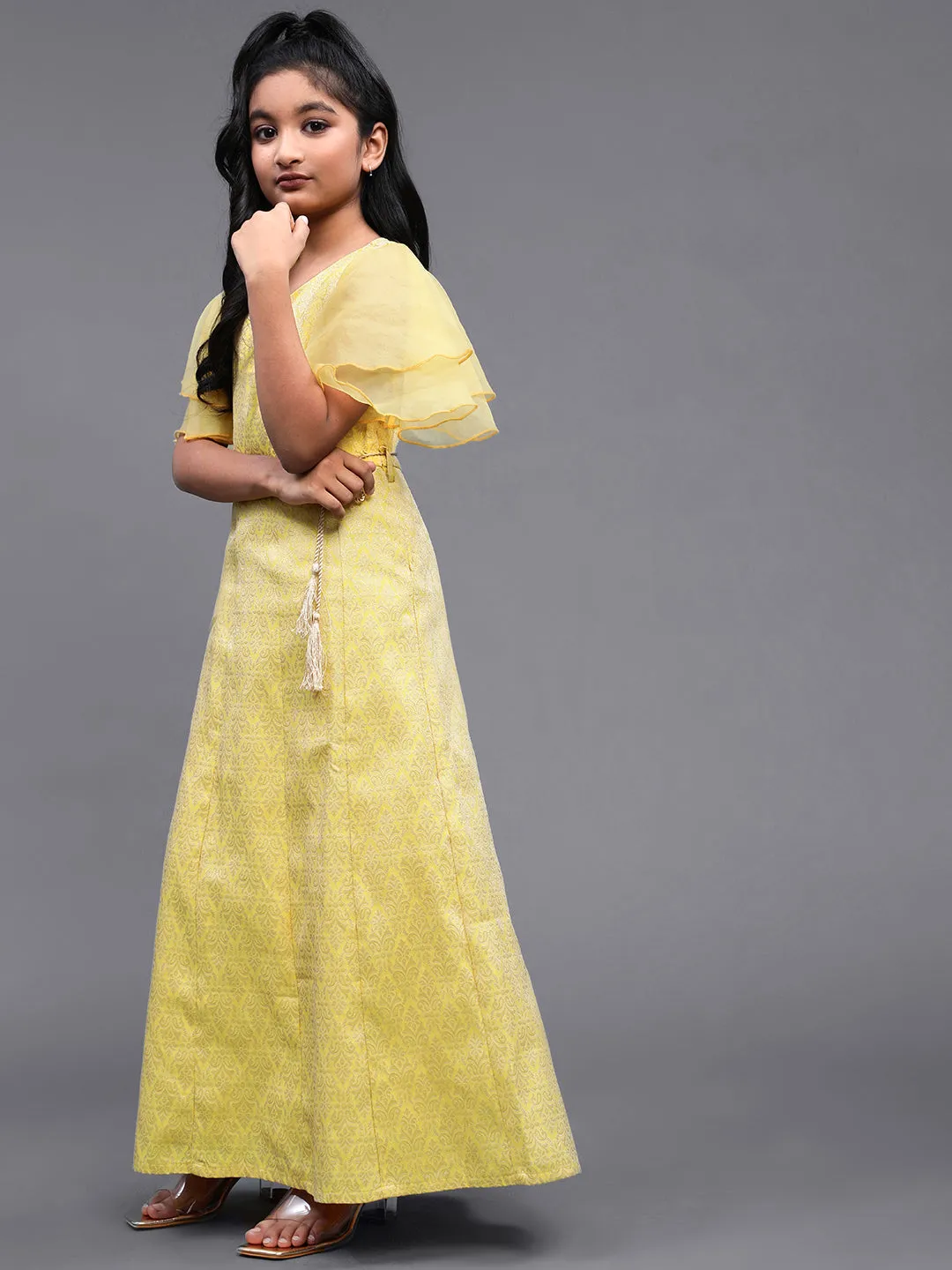 Girl's Yellow Jacquard Design Maxi Dress With Organza Flare Sleeve - Aks Girls