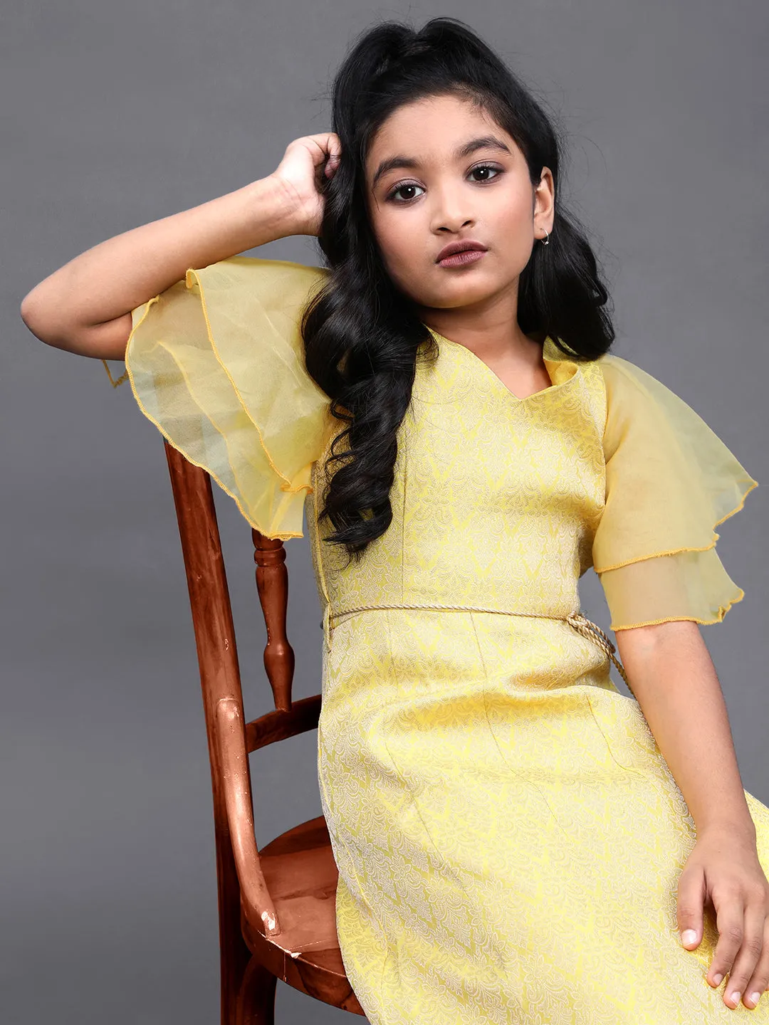 Girl's Yellow Jacquard Design Maxi Dress With Organza Flare Sleeve - Aks Girls