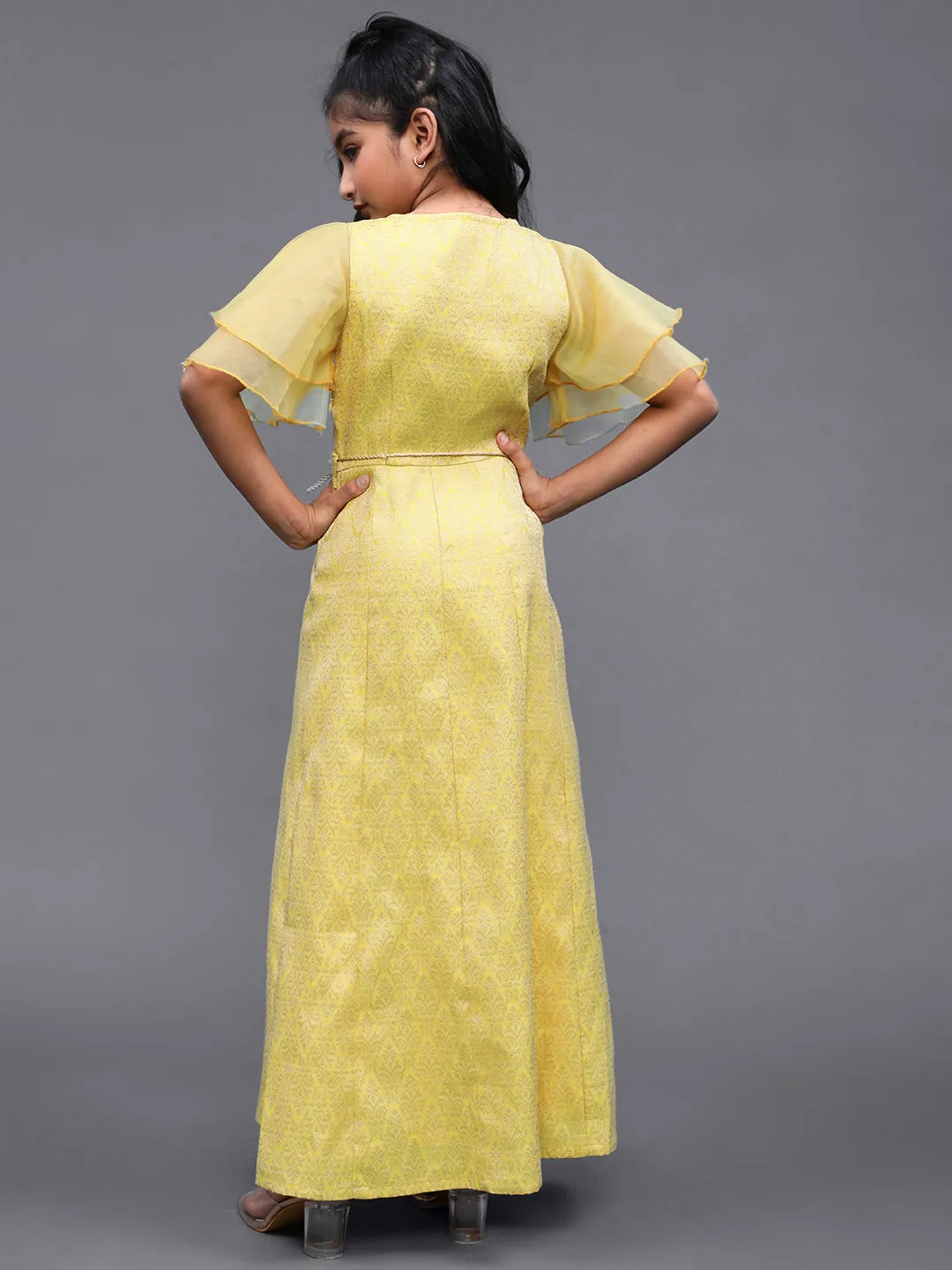 Girl's Yellow Jacquard Design Maxi Dress With Organza Flare Sleeve - Aks Girls