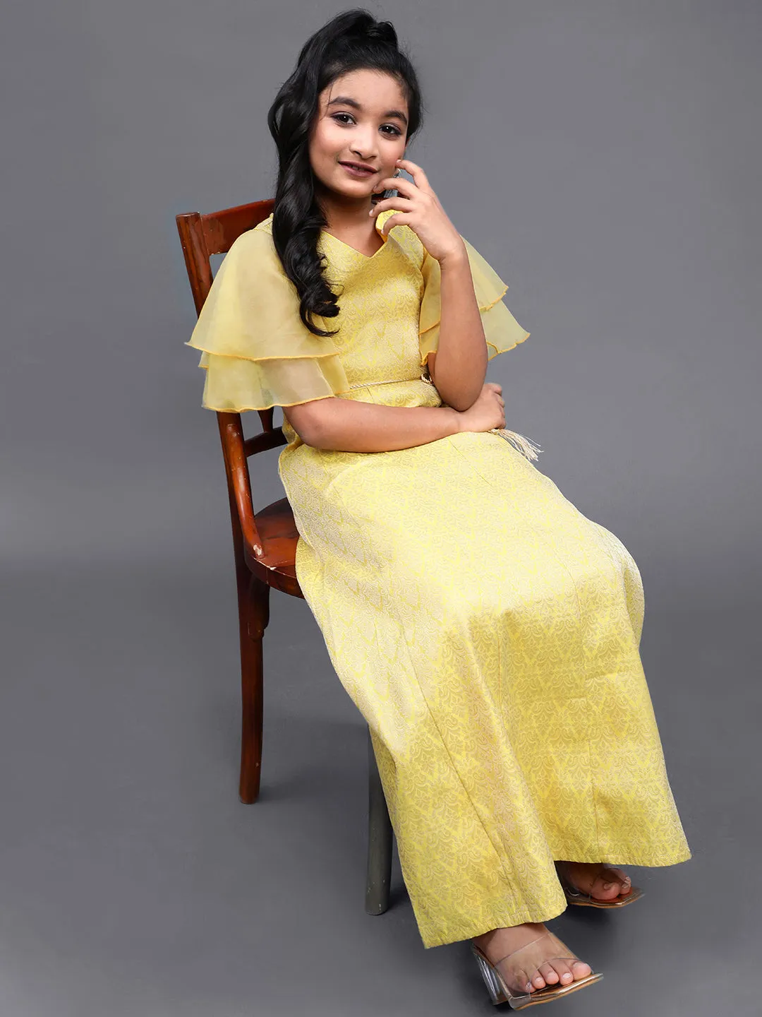 Girl's Yellow Jacquard Design Maxi Dress With Organza Flare Sleeve - Aks Girls