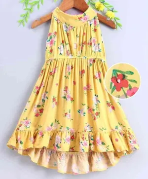 Girls Yellow Pink Printed Halter Neck A-Line Dress - Ps Peaches