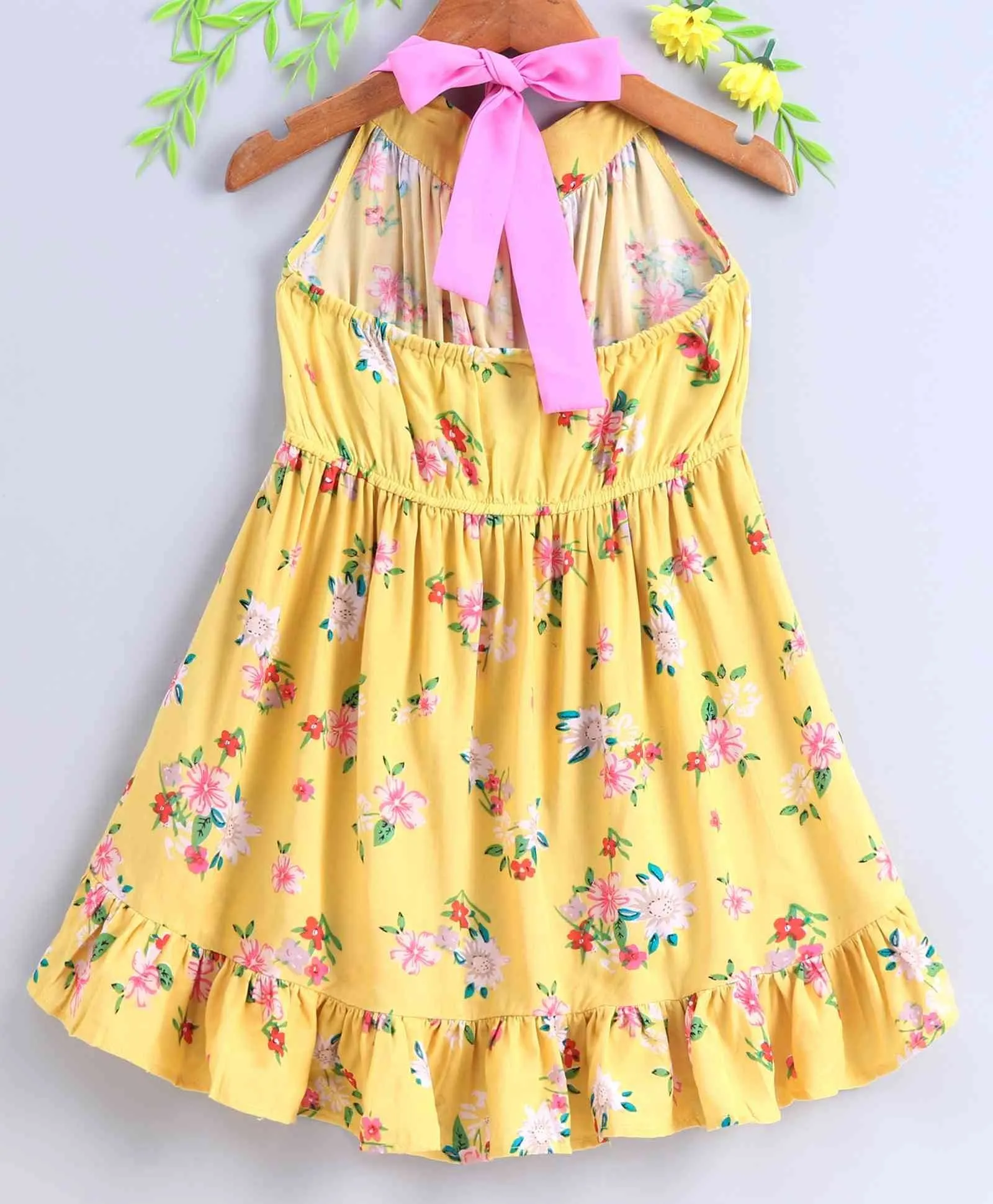 Girls Yellow Pink Printed Halter Neck A-Line Dress - Ps Peaches