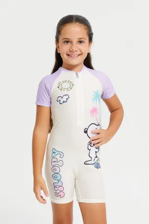 Girls Yellow Snoopy Print Swimsuits