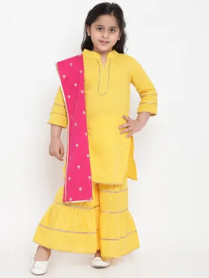 Girl's Yellow Solid Kurta With Sharara & Pink Dupatta - Bitiya By Bhama