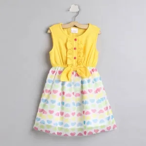 Girls Yellow White Hearts Print Net Fit And Flare Dress - Ps Peaches