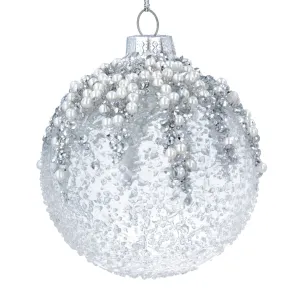 Gisela Graham Silver Glitter & Pearl Crushed Clear Glass Bauble