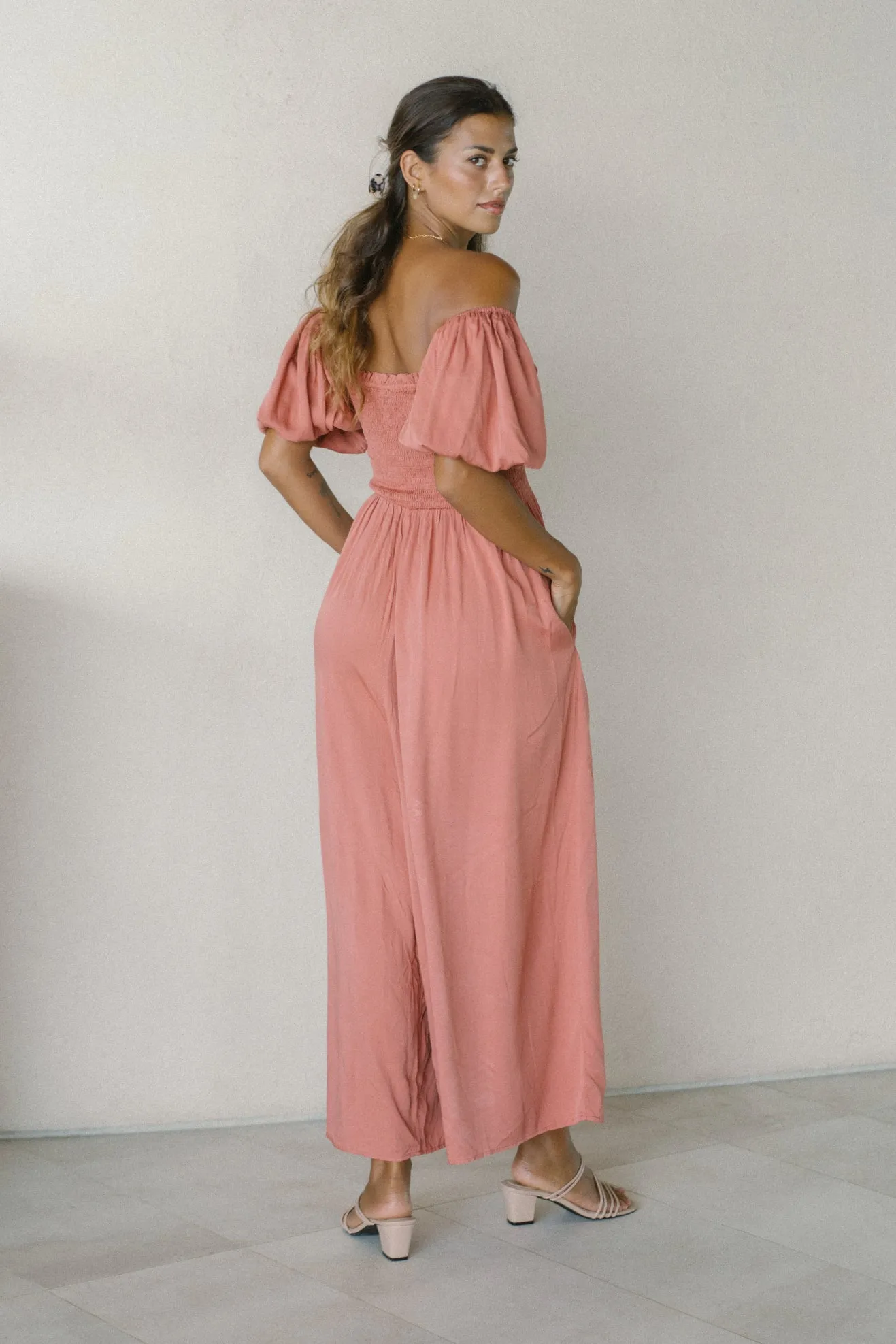 Giselle Terracotta Pink Puff Sleeve Jumpsuit