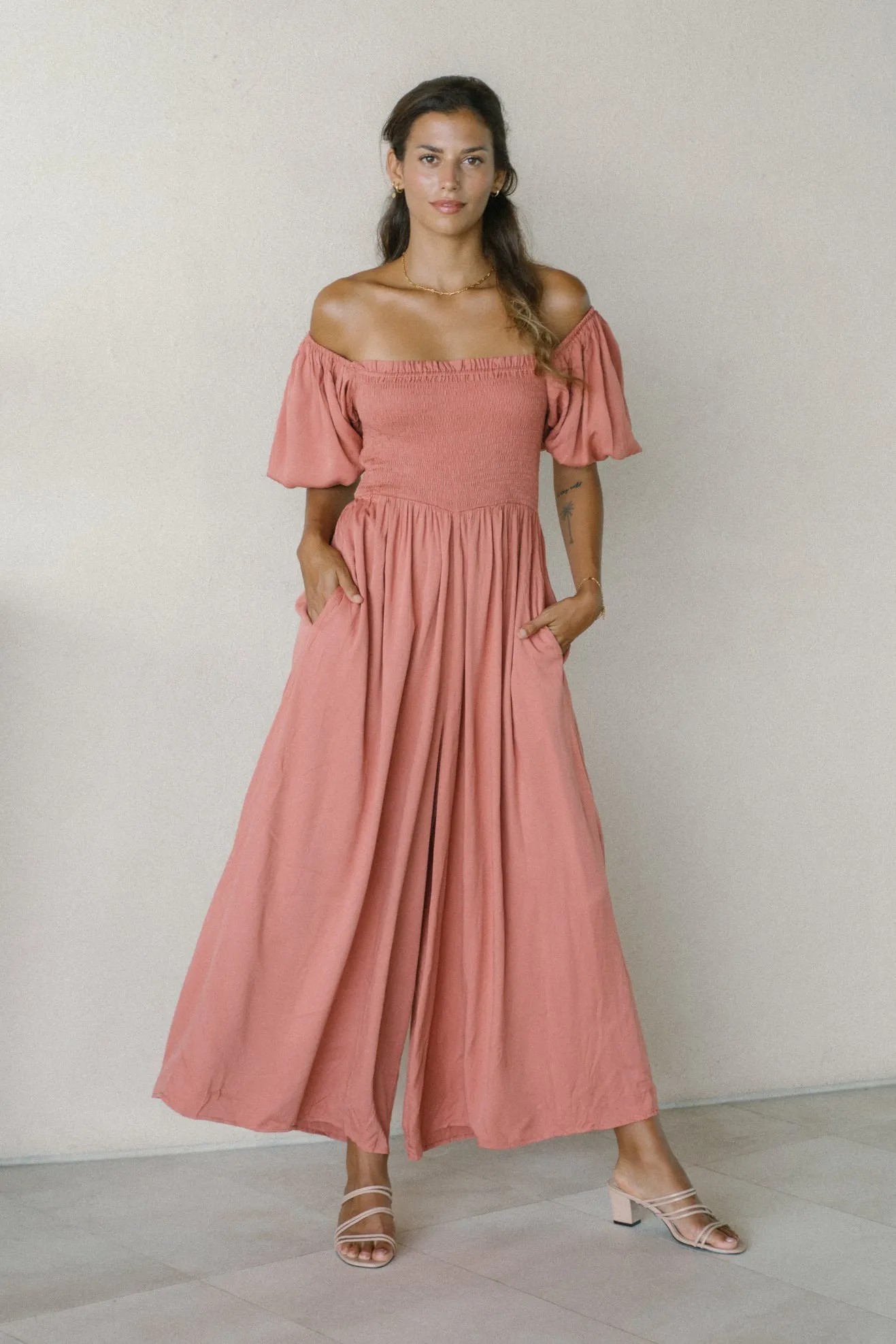 Giselle Terracotta Pink Puff Sleeve Jumpsuit